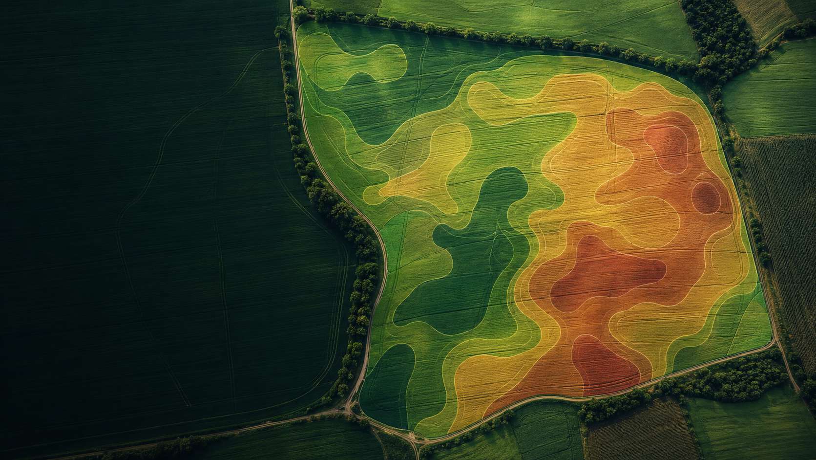 Mapa de variabilidade colorido de uma área agrícola, usado para interpretar zonas de manejo